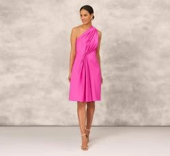 One Shoulder Midi Dress With Pleated Details In Magenta 15 One Shoulder Midi Dress With Pleated Details In Magenta -Adrianna Papell Shop MD1E207318 AA520 Regular Front