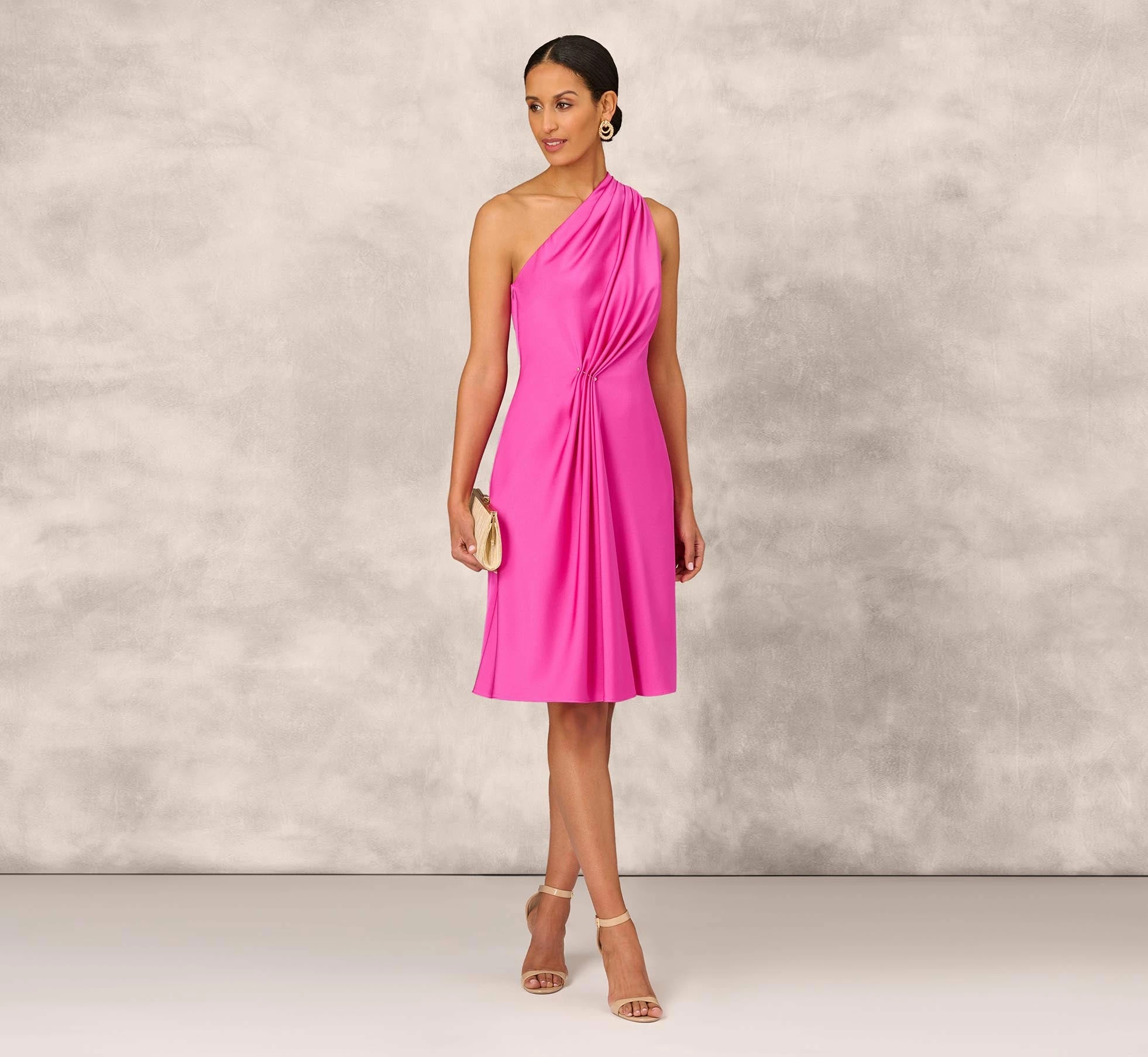 One Shoulder Midi Dress With Pleated Details In Magenta 2 One Shoulder Midi Dress With Pleated Details In Magenta - Image 2