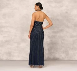 Dazzling Beaded Halter Gown With Deep V-Neckline In Navy -Adrianna Papell Shop MD1E207348 AA412 Regular Back
