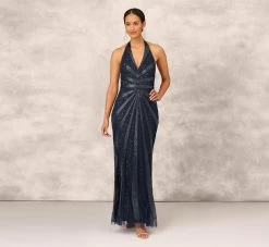 Dazzling Beaded Halter Gown With Deep V-Neckline In Navy -Adrianna Papell Shop MD1E207348 AA412 Regular Default d60c81b7 ad48 4ae4 9eeb 865258e36b39