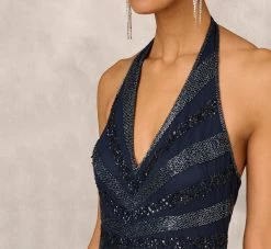 Dazzling Beaded Halter Gown With Deep V-Neckline In Navy -Adrianna Papell Shop MD1E207348 AA412 Regular Detail