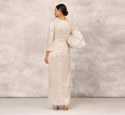 Pleated Foiled Long Column Dress With Slit And Flutter Sleeves In Silver Gold -Adrianna Papell Shop MD1E207436 AH063 Regular Back