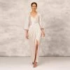 Pleated Foiled Long Column Dress With Slit And Flutter Sleeves In Silver Gold
