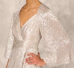 Pleated Foiled Long Column Dress With Slit And Flutter Sleeves In Silver Gold -Adrianna Papell Shop MD1E207436 AH063 Regular Detail