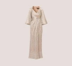 Pleated Foiled Long Column Dress With Slit And Flutter Sleeves In Silver Gold -Adrianna Papell Shop MD1E207436 AH063 Regular Flat