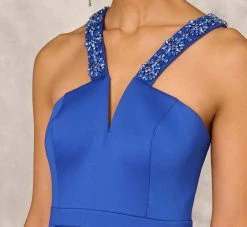 V-Neck Mikado Gown With Jewel Beaded Straps In Royal Sapphire -Adrianna Papell Shop MD1E207615 AN401 Regular Detail