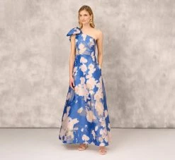 Floral Jacquard One Shoulder Ball Gown With Bow Accent In Royal Sapphire