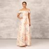 Off The Shoulder Printed Metallic Jacquard Ball Gown In Bronze Multi