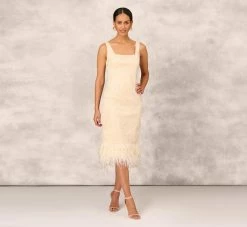 Sequined And Embroidered Midi-Length Sheath Cocktail Dress With Feather Trim In Champagne