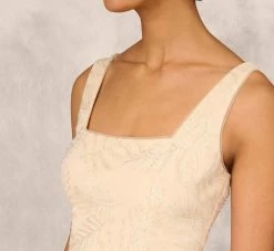 Sequined And Embroidered Midi-Length Sheath Cocktail Dress With Feather Trim In Champagne -Adrianna Papell Shop MD1E207643 AA100 Regular Detail