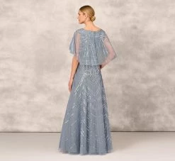 Beaded Ball Gown With Cape Sleeves In Vintage Blue -Adrianna Papell Shop MD1E207719 AC466 Regular Back