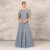 Beaded Ball Gown With Cape Sleeves In Vintage Blue