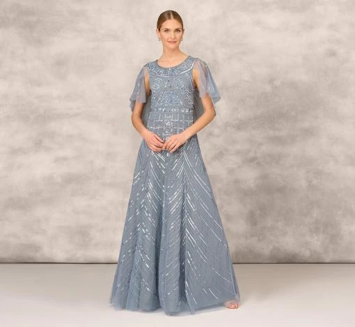 Beaded Ball Gown With Cape Sleeves In Vintage Blue -Adrianna Papell Shop MD1E207719 AC466 Regular Default