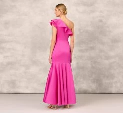 One Shoulder Mermaid Gown With Ruffle Details In Magenta -Adrianna Papell Shop MD1E207883 AA670 Regular Back