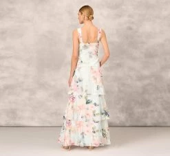 Floral Print Embroidered Long A-Line Gown In Blue Multi -Adrianna Papell Shop MD1E207899 AA461 Regular Back