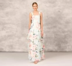 Floral Print Embroidered Long A-Line Gown In Blue Multi