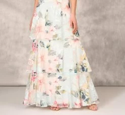 Floral Print Embroidered Long A-Line Gown In Blue Multi -Adrianna Papell Shop MD1E207899 AA461 Regular Lifestyle