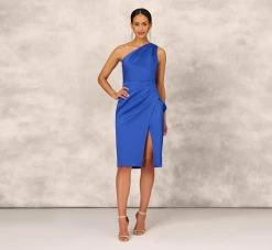 One Shoulder Crepe Cocktail Dress With Slit In Royal Sapphire 14 One Shoulder Crepe Cocktail Dress With Slit In Royal Sapphire -Adrianna Papell Shop MD1E207906 AN401 Regular Front