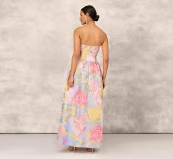 Strapless Floral Ball Gown With Drop Waist In Coral Multi -Adrianna Papell Shop MD1E207911 AA955 Regular Back