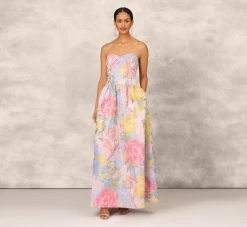 Strapless Floral Ball Gown With Drop Waist In Coral Multi