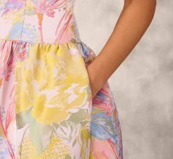 Strapless Floral Ball Gown With Drop Waist In Coral Multi -Adrianna Papell Shop MD1E207911 AA955 Regular Lifestyle