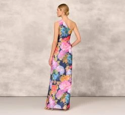 One Shoulder Draped Floral Gown With Thigh Slit In Navy Multi -Adrianna Papell Shop MD1E207918 AA980 Regular Back