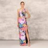 One Shoulder Draped Floral Gown With Thigh Slit In Navy Multi