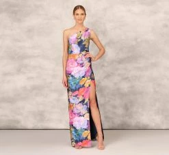 One Shoulder Draped Floral Gown With Thigh Slit In Navy Multi
