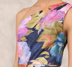 One Shoulder Draped Floral Gown With Thigh Slit In Navy Multi -Adrianna Papell Shop MD1E207918 AA980 Regular Lifestyle