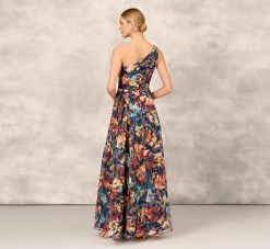Floral Printed Metallic Organza Burnout One Shoulder Long Ball Gown With Pockets And Slit In Blue Multi 10 Floral Printed Metallic Organza Burnout One Shoulder Long Ball Gown With Pockets And Slit In Blue Multi -Adrianna Papell Shop MD1E207919 AA461 Regular Back