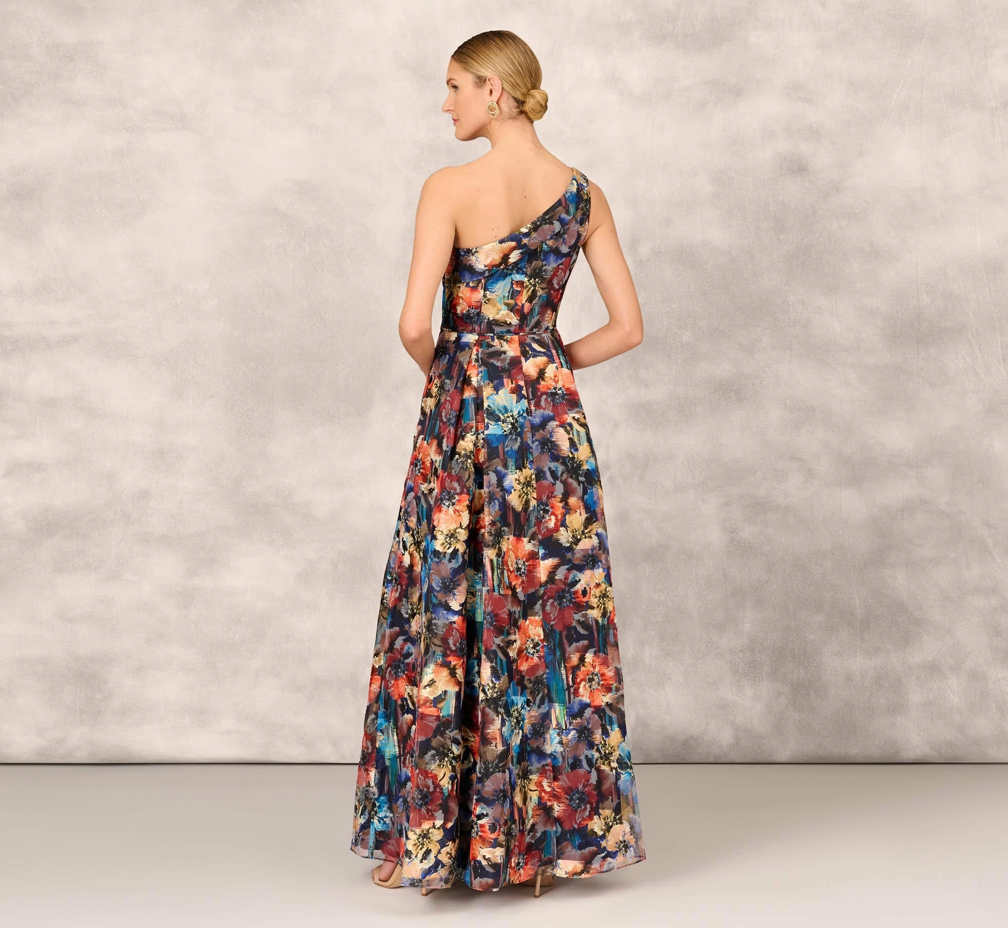 Floral Printed Metallic Organza Burnout One Shoulder Long Ball Gown With Pockets And Slit In Blue Multi 4 Floral Printed Metallic Organza Burnout One Shoulder Long Ball Gown With Pockets And Slit In Blue Multi - Image 4
