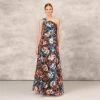 Floral Printed Metallic Organza Burnout One Shoulder Long Ball Gown With Pockets And Slit In Blue Multi