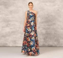 Floral Printed Metallic Organza Burnout One Shoulder Long Ball Gown With Pockets And Slit In Blue Multi