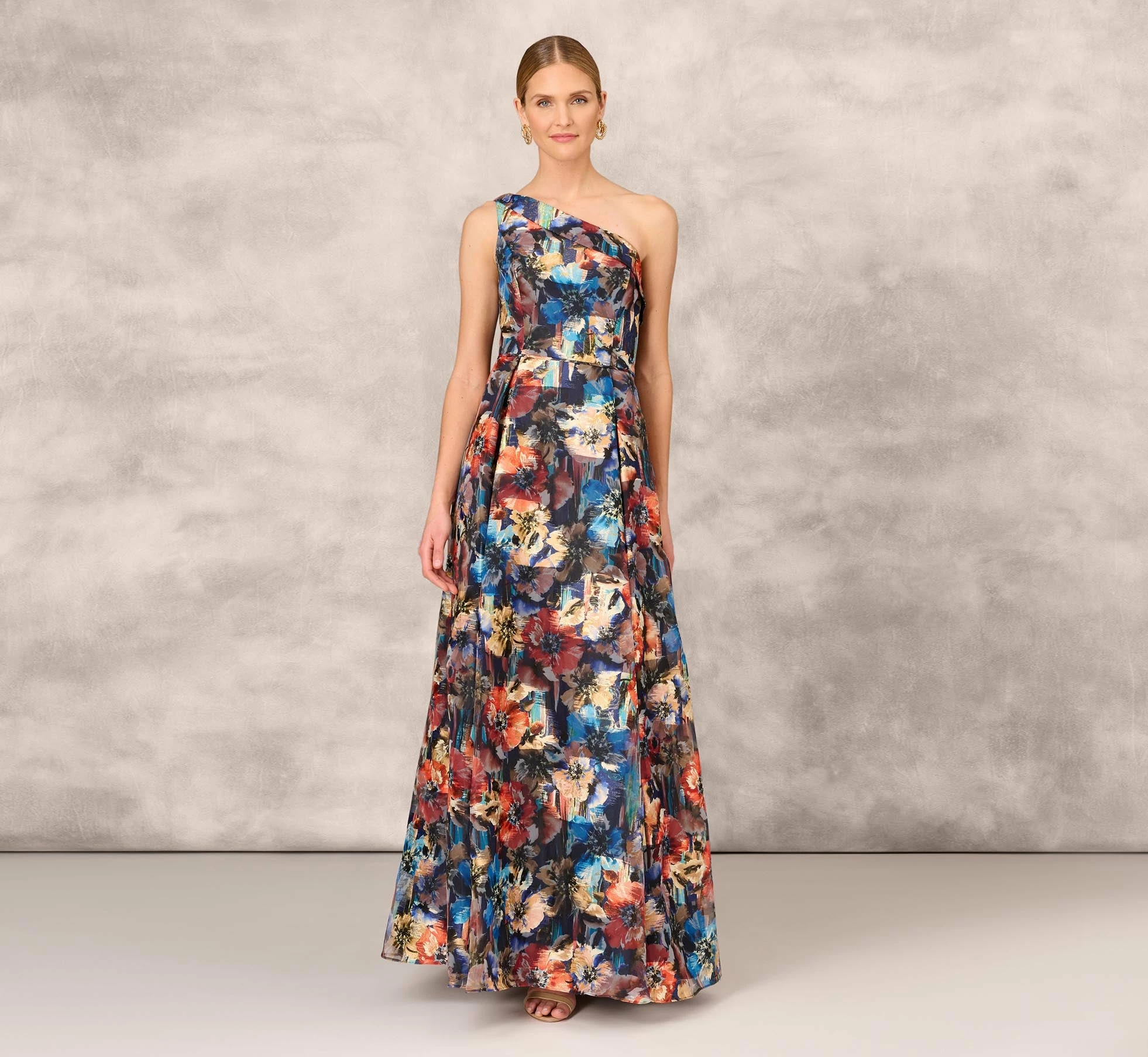 Floral Printed Metallic Organza Burnout One Shoulder Long Ball Gown With Pockets And Slit In Blue Multi 1 Floral Printed Metallic Organza Burnout One Shoulder Long Ball Gown With Pockets And Slit In Blue Multi