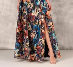 Floral Printed Metallic Organza Burnout One Shoulder Long Ball Gown With Pockets And Slit In Blue Multi 11 Floral Printed Metallic Organza Burnout One Shoulder Long Ball Gown With Pockets And Slit In Blue Multi -Adrianna Papell Shop MD1E207919 AA461 Regular Lifestyle