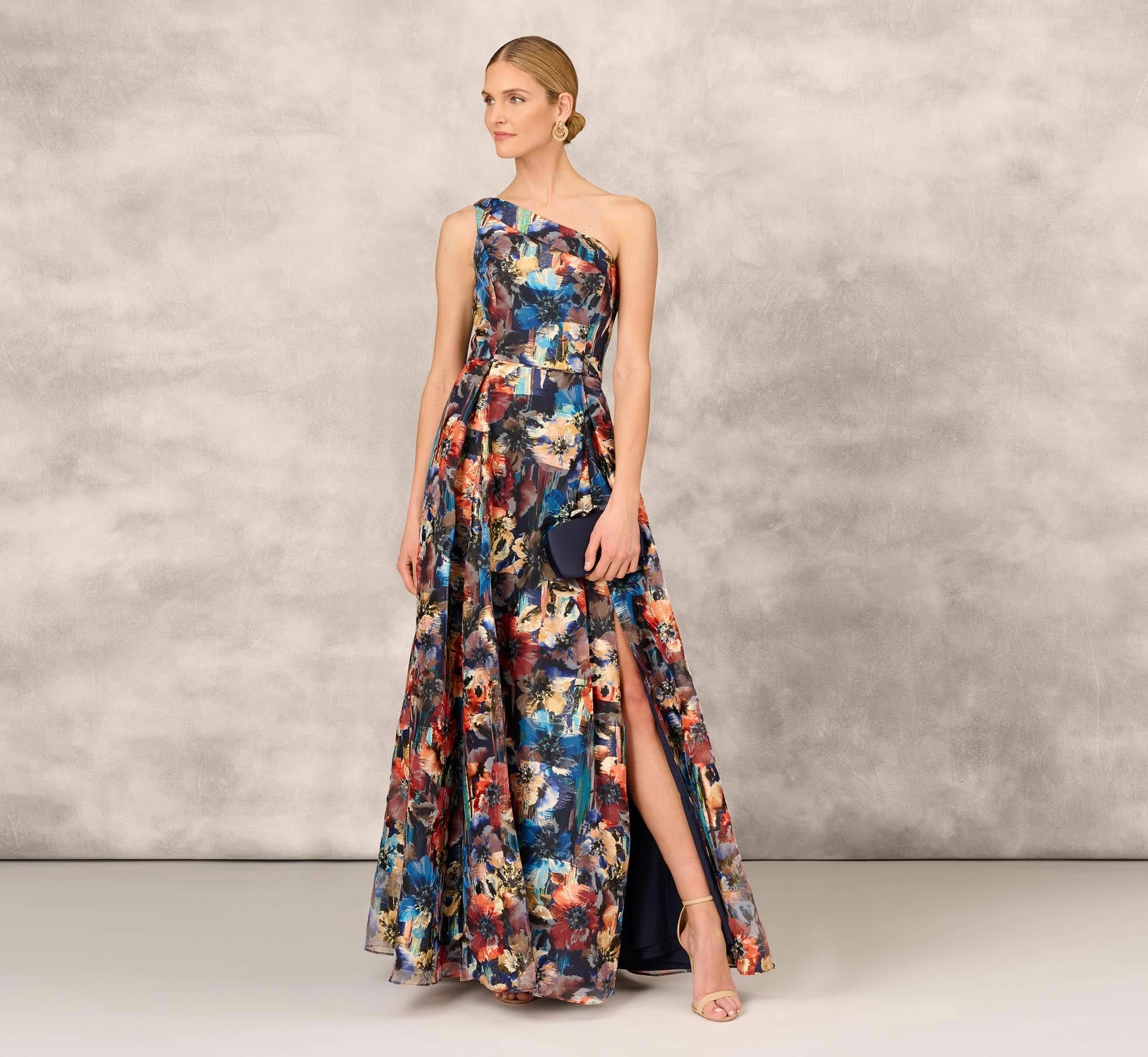Floral Printed Metallic Organza Burnout One Shoulder Long Ball Gown With Pockets And Slit In Blue Multi 2 Floral Printed Metallic Organza Burnout One Shoulder Long Ball Gown With Pockets And Slit In Blue Multi - Image 2