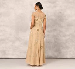 Floral Hand-Beaded Point D Sprit Mesh Illusion Gown In Light Gold -Adrianna Papell Shop MD1E207924 AA267 Regular Back