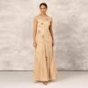Floral Hand-Beaded Point D Sprit Mesh Illusion Gown In Light Gold