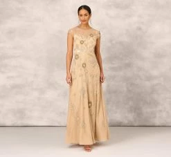 Floral Hand-Beaded Point D Sprit Mesh Illusion Gown In Light Gold