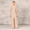 Hand Beaded Long Column Gown With Cape And Slit In Blush