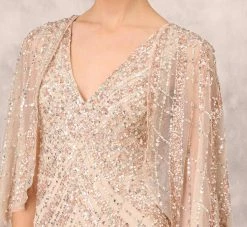 Hand Beaded Long Column Gown With Cape And Slit In Blush -Adrianna Papell Shop MD1E207926 AA248 Regular Detail