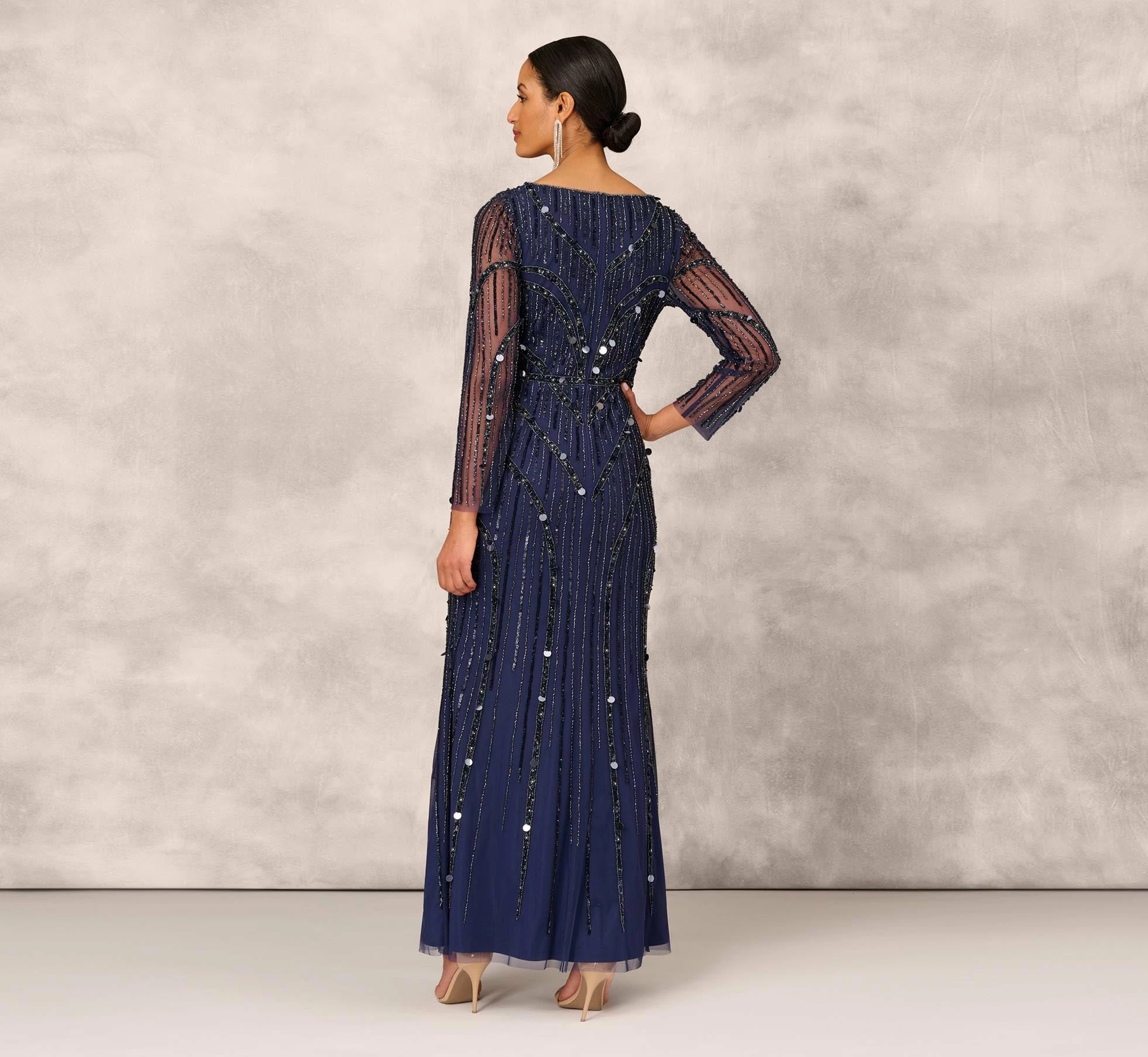 Hand Beaded Illusion Long Mermaid Gown In Navy 3 Hand Beaded Illusion Long Mermaid Gown In Navy - Image 3