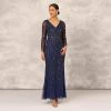Hand Beaded Illusion Long Mermaid Gown In Navy