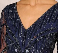 Hand Beaded Illusion Long Mermaid Gown In Navy 12 Hand Beaded Illusion Long Mermaid Gown In Navy -Adrianna Papell Shop MD1E207928 AA412 Regular Detail