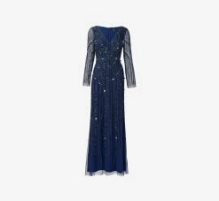 Hand Beaded Illusion Long Mermaid Gown In Navy 13 Hand Beaded Illusion Long Mermaid Gown In Navy -Adrianna Papell Shop MD1E207928 AA412 Regular Flat