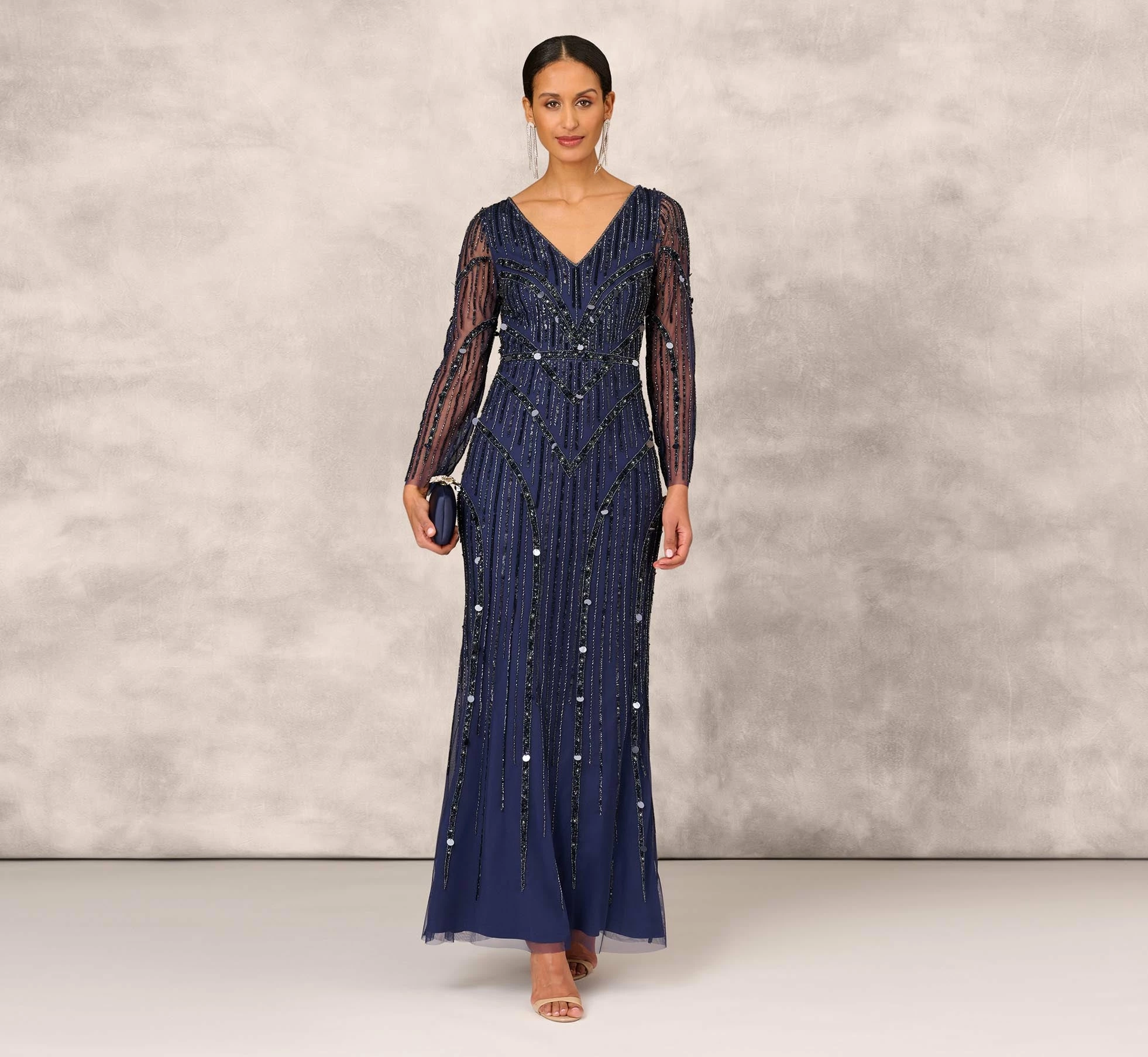 Hand Beaded Illusion Long Mermaid Gown In Navy 2 Hand Beaded Illusion Long Mermaid Gown In Navy - Image 2