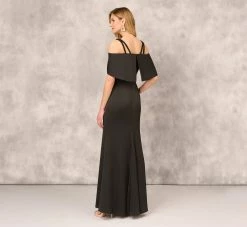 Satin Crepe Column Gown With Beaded Double Strap Details In Black 9 Satin Crepe Column Gown With Beaded Double Strap Details In Black -Adrianna Papell Shop MD1E208155 AA002 Regular Back