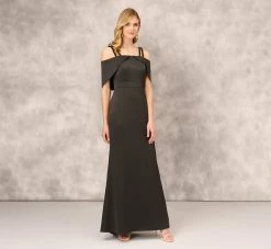 Satin Crepe Column Gown With Beaded Double Strap Details In Black