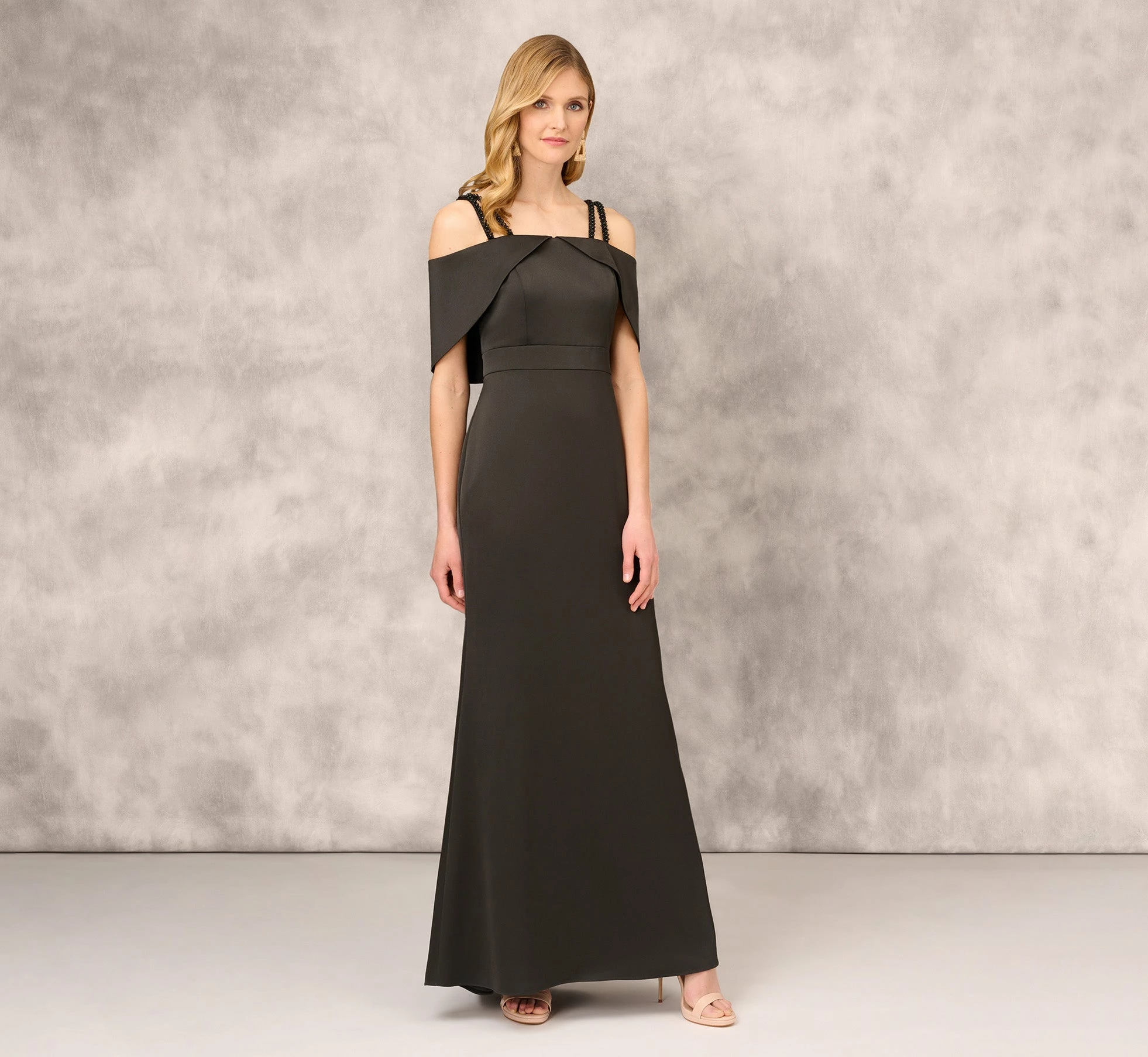 Satin Crepe Column Gown With Beaded Double Strap Details In Black 1 Satin Crepe Column Gown With Beaded Double Strap Details In Black