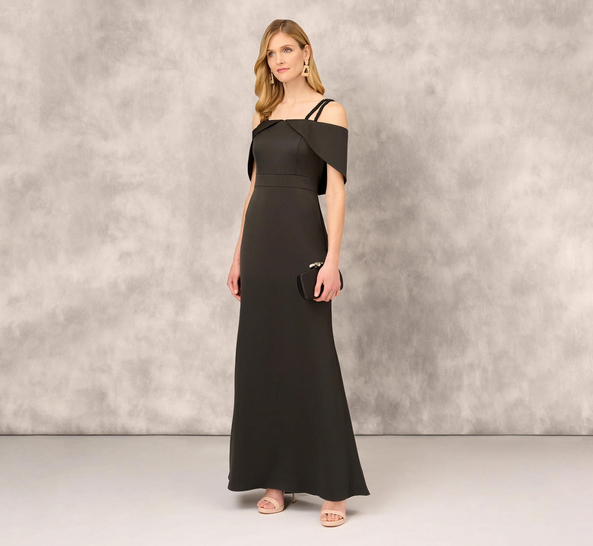 Satin Crepe Column Gown With Beaded Double Strap Details In Black 2 Satin Crepe Column Gown With Beaded Double Strap Details In Black - Image 2